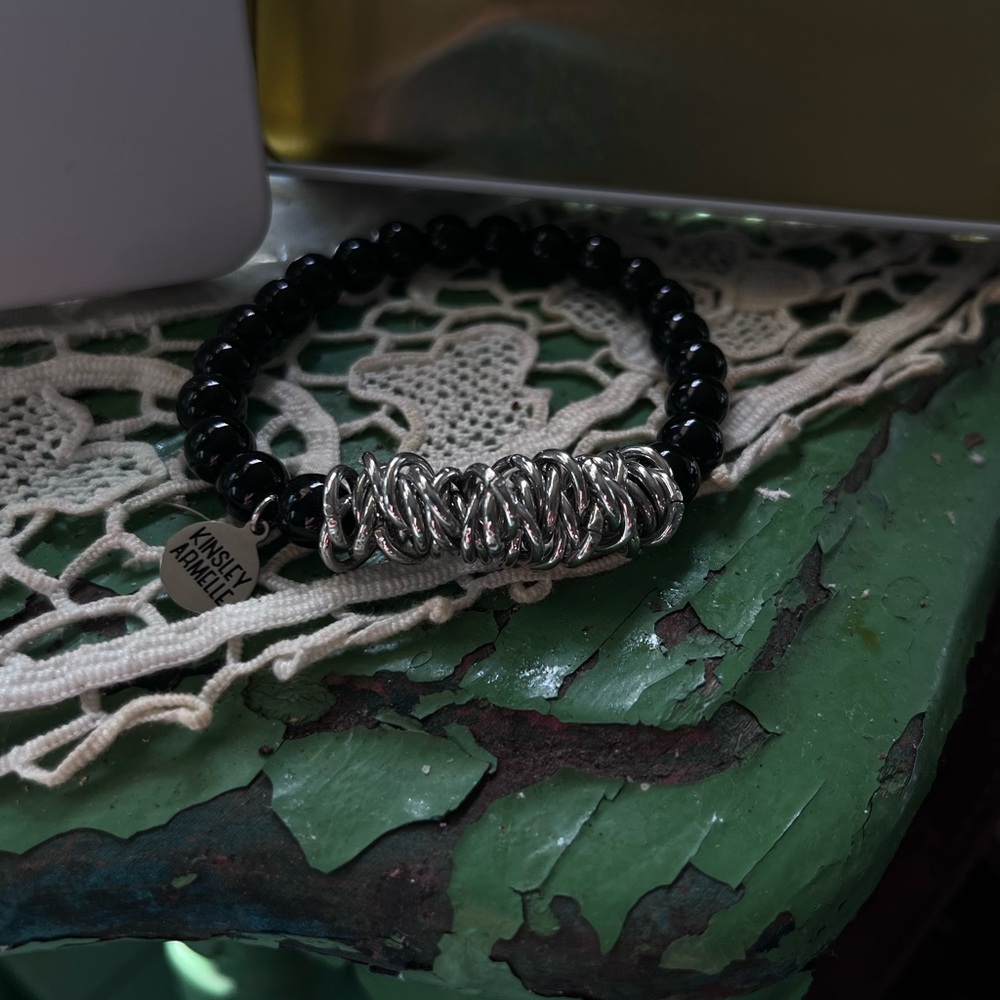 Black stone and silver stretch bracelet